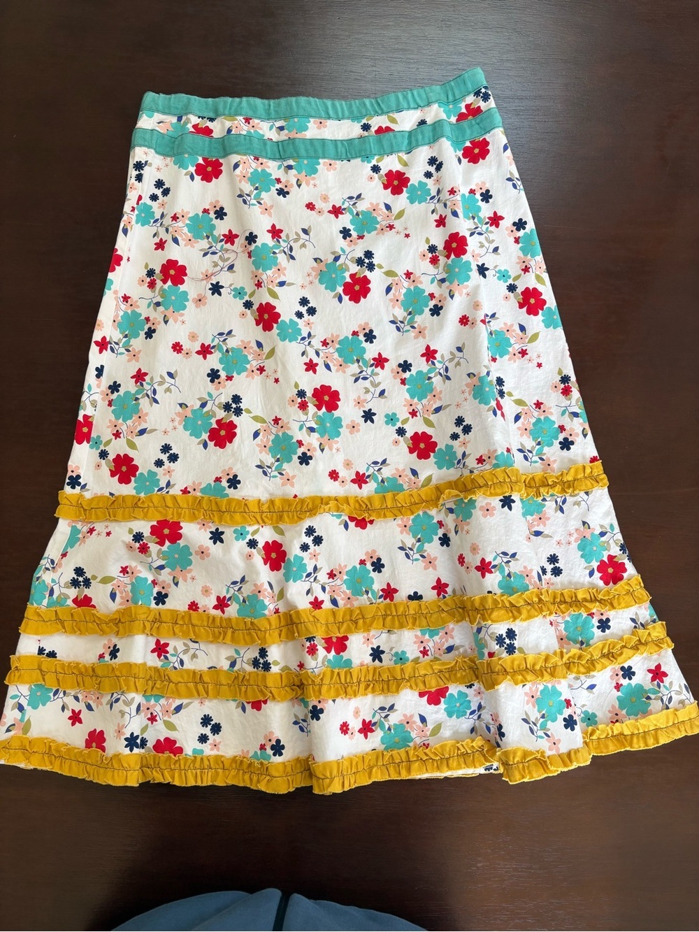 Floral Tiered White Cotton Skirt with Yellow Trim